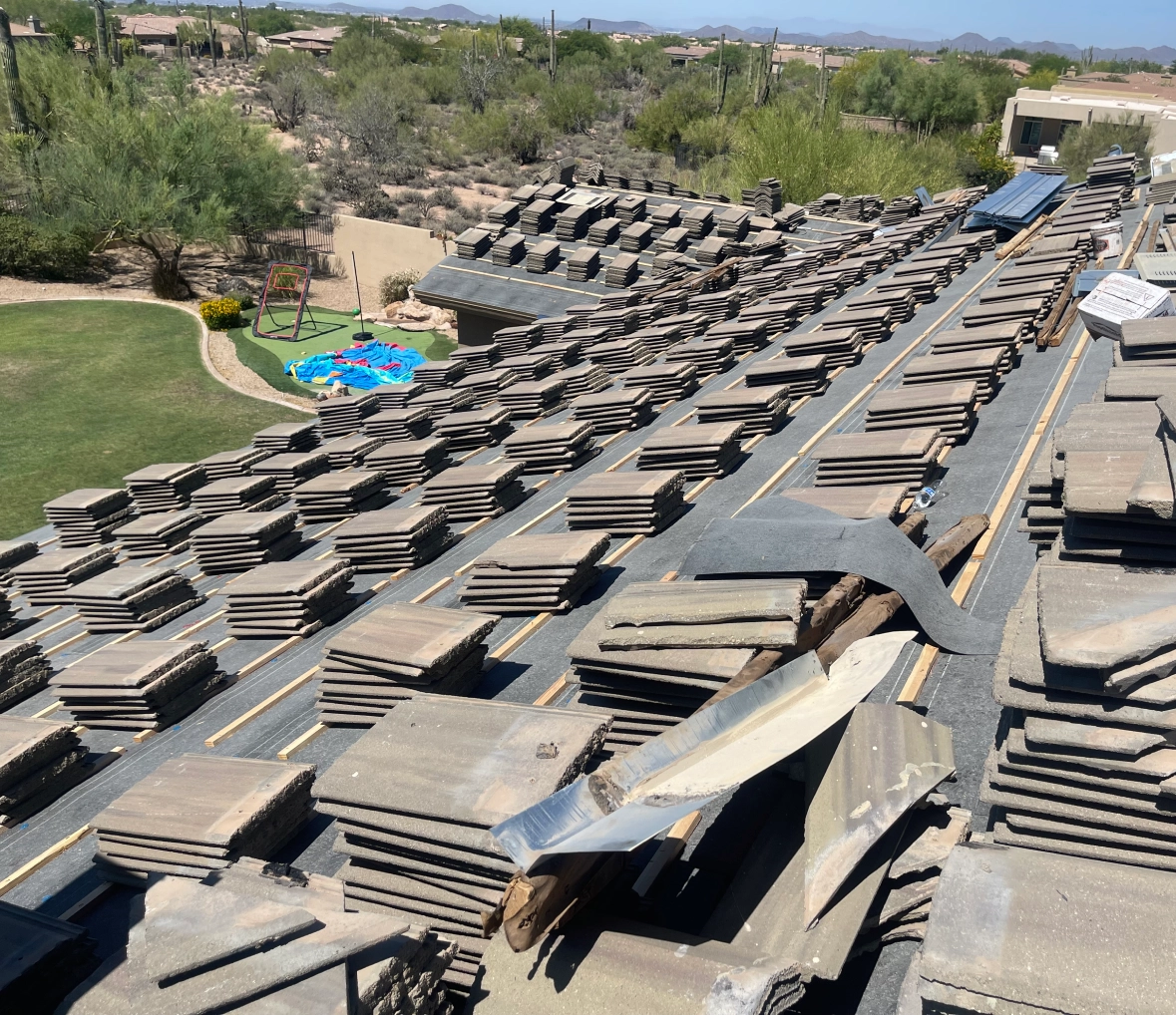 Roof construction materials stacked neatly