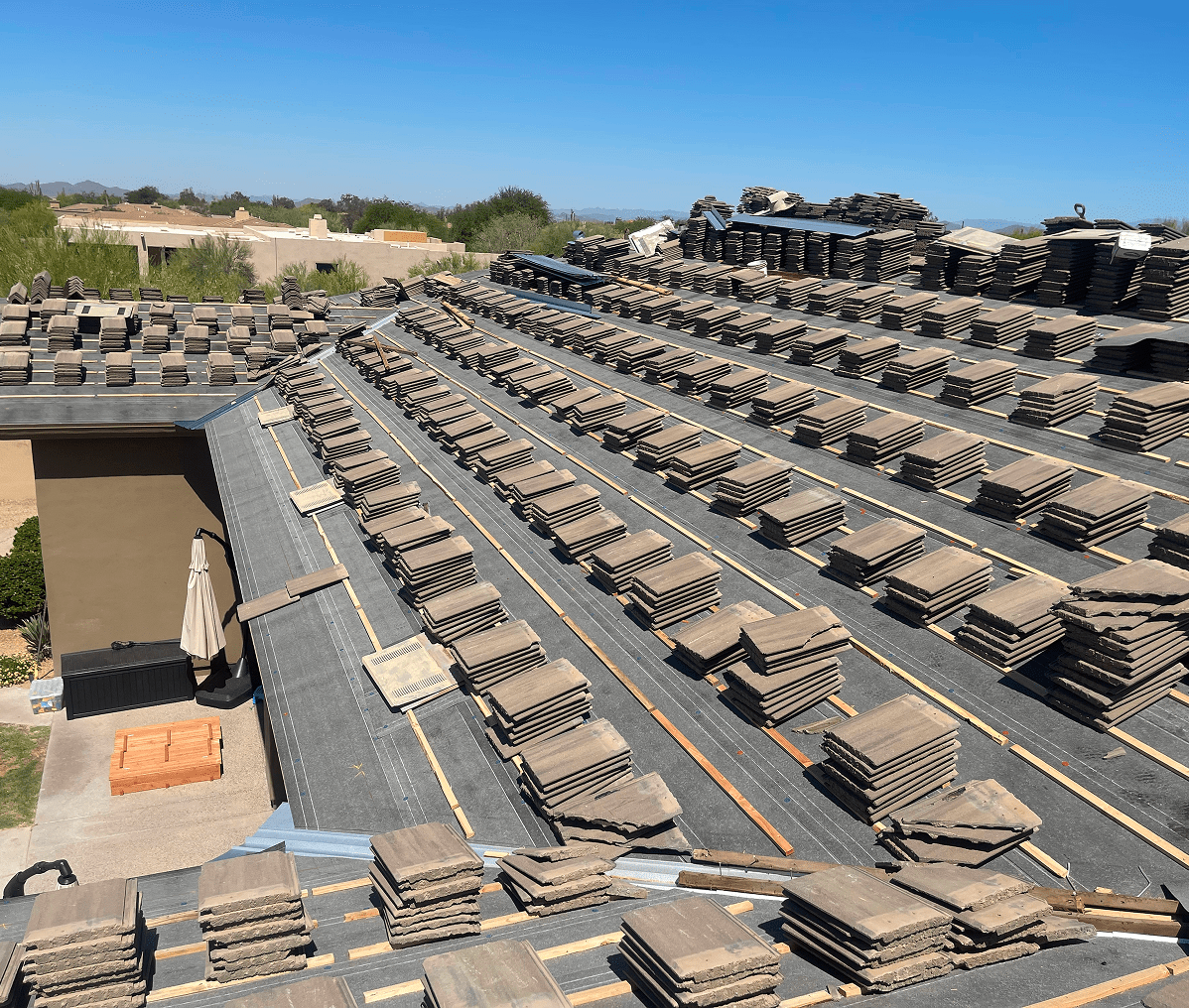 Preparing roof with stacked tiles