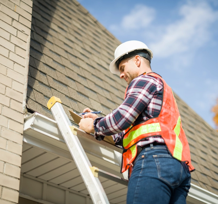 Man in safety gear checking roof